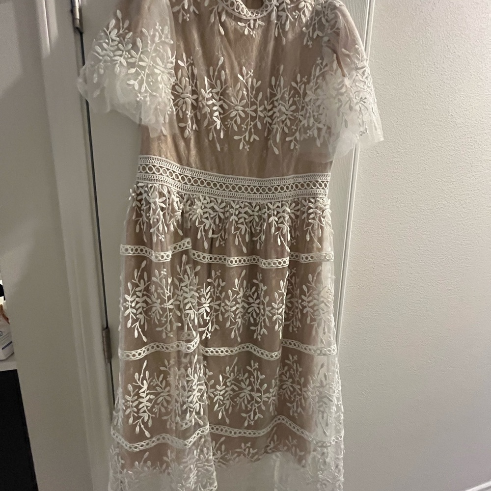 Ivy City Co Beige Dress with White Floral Lace Overlay